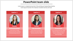 Team introduction with three members, each in a red bordered section with a photo, name, title, and descriptive text.