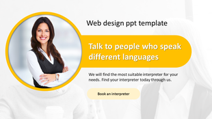 Web design slide featuring a smiling woman with a yellow circular frame, paired with text and a call to action button.