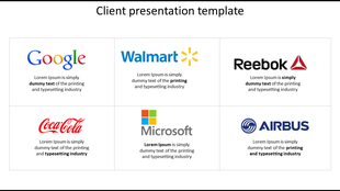 Client presentation slide showcasing six company logos arranged in a grid layout with corresponding text descriptions below.