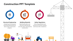 Construction PowerPoint slide with icons from Structural Engineering to Safety Regulations, and construction equipment.