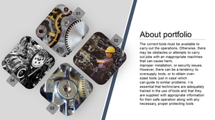 Portfolio slide featuring four rounded square images of gears, engines, and a mechanic at work, numbered from 01 to 04.
