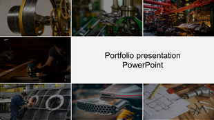 Portfolio slide featuring a collage of industrial, mechanical, and construction related visuals with a central text block.