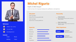 Portfolio slide featuring a profile graphic and web designer with sections for education, expertise, and experience.