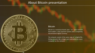 Bitcoin PowerPoint slide featuring a coin with a background of a fluctuating graph and text explaining Bitcoin's network.