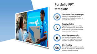 Logistics presentation slide featuring a delivery scene and key topics like supply chains and live loading with icons.