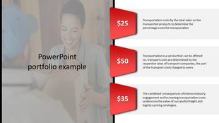 Portfolio themed slide featuring a smiling woman receiving a package, with three red pricing tags on the right.