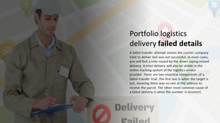 Portfolio presentation with a delivery man holding a clipboard, framed by a faint map background and a transparent overlay.