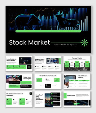 Stock Market slides with bull and bear graphics, financial charts, stock indices, investment strategies, and green highlights
