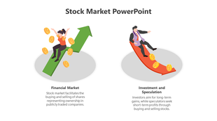 Stock market template with illustrations of financial growth and risk taking in the market, symbolized by two people.