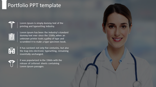 Portfolio slide featuring a female doctor in a white coat with a stethoscope, alongside four healthcare bullet points.