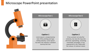 Slide with an orange microscope graphic and two labeled test sections containing icons and placeholder text.