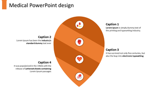 Medical template design with an orange location pin shape, displaying four health related icons and text captions.