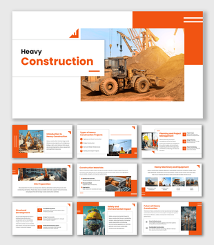 Construction PowerPoint Templates with heavy loader and crane site photo, orange geometric shapes and clean white layout.