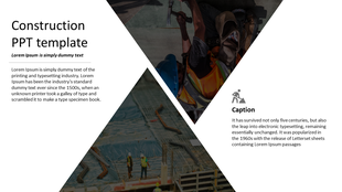 White slide with construction workers and site images placed within diagonal triangles, paired with captions.