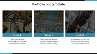 Portfolio slide displaying three construction related images with blue captions for different services.
