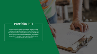 Portfolio design slide featuring a diagonal green overlay with text, alongside a close up of hands working on documents.