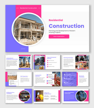 Construction Presentation Template with residential house scaffolding photo, pink purple shapes and clean white layout.