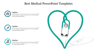 Medical slide with a stethoscope in a heart shape and three left icons representing a medical kit, syringe, and pill bottle.