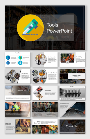 Slide deck on construction tools, featuring sections on types of tools, machines, and hand tools, with images and text.