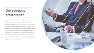 A corporate presentation slide shows a man gesturing during a business discussion with text about company history.