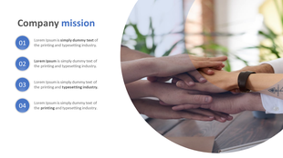 Business professionals stacking hands to symbolize teamwork, with a company mission listed on the left.