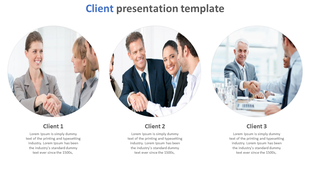 Client presentation slide with three images showing business professionals shaking hands, labeled  with three clients.