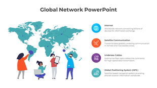 World map with illustration of people using devices, and four colored icons with descriptions on the right.