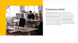 Company vision slide with a modern office workspace image on the left and a text block on the right.