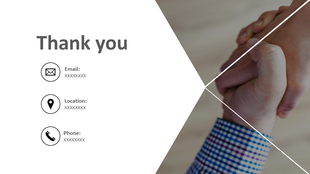 Minimalist thank you slide with bold text on the left, three contact icons, and a right-side image of a handshake.