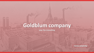 Company branding slide with a historic factory background, large white text in the middle, and a red Swiss reliability label.