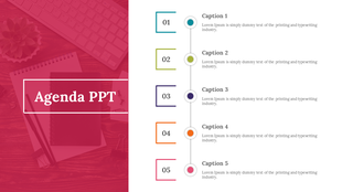 Pink themed agenda slide with five numbered sections and colorful dots on a vertical line, next to each caption.