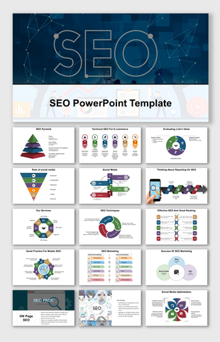 SEO slide deck featuring charts, graphs, and visual representation techniques and strategies using colorful layouts.