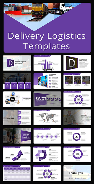 Logistics slide deck with icons, flowcharts, world map and pricing tables, in a purple and white color scheme.