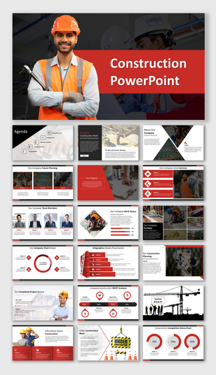 Collage of construction themed PowerPoint slides, showcasing project planning, team members, charts, and company portfolio.