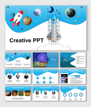 Creative design with a space themed cover featuring a rocket and planets, accompanied by slides showcasing various topics.