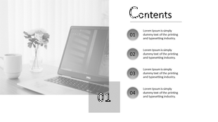 Content slide with a list of four items, numbered 01 to 04, with a soft background image of a laptop and a coffee cup.