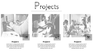 Products slide with three gray rectangular sections, each featuring an icon, product name, and description.