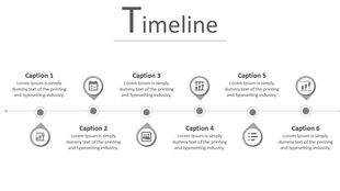 Timeline PPT slide with six caption points and grey icons illustrating different stages of a project.