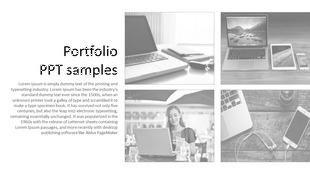 Black and white portfolio samples slide with four images of laptops, tablets, and mobile devices, featuring descriptive text.
