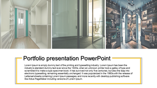 Business portfolio slide featuring three images of modern interiors and a structured text section with a yellow outline.
