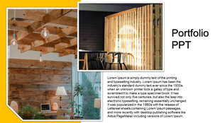 Modern portfolio slide featuring a wooden interior design theme, two layered images, and a descriptive text section.