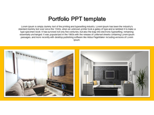 Portfolio slide with yellow borders, showing two cozy living room images and placeholder text above.