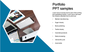 Portfolio slide with a hexagonal image of a workspace featuring a laptop, tablet, keyboard, and a list of industries. 