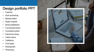 Design portfolio slide with a left-aligned industry list, including fashion and pharmacy, and a framed image of a person.