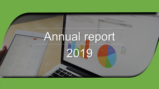 Annual report side with a tablet and laptop showing calendar and data charts, with a green border and a bold text.