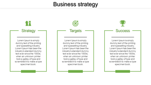 Business strategy PowerPoint slide featuring Strategy, Targets, and Success with corresponding icons and text.
