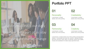 Portfolio PPT slide with a business meeting image on the left, overlaid with a motivational quote, and four attributes.