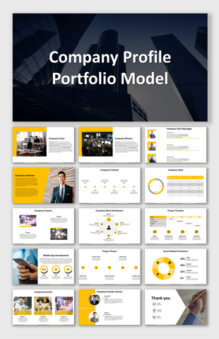 Company profile slides in yellow theme featuring timeline, team introductions, work distribution, and project phases.