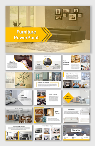 Modern Furniture PowerPoint template featuring stylish slides with images and sections about furniture types.