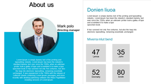 About us slide with a portrait of a directing manager, on blue backdrop, and details about company history and statistics.
